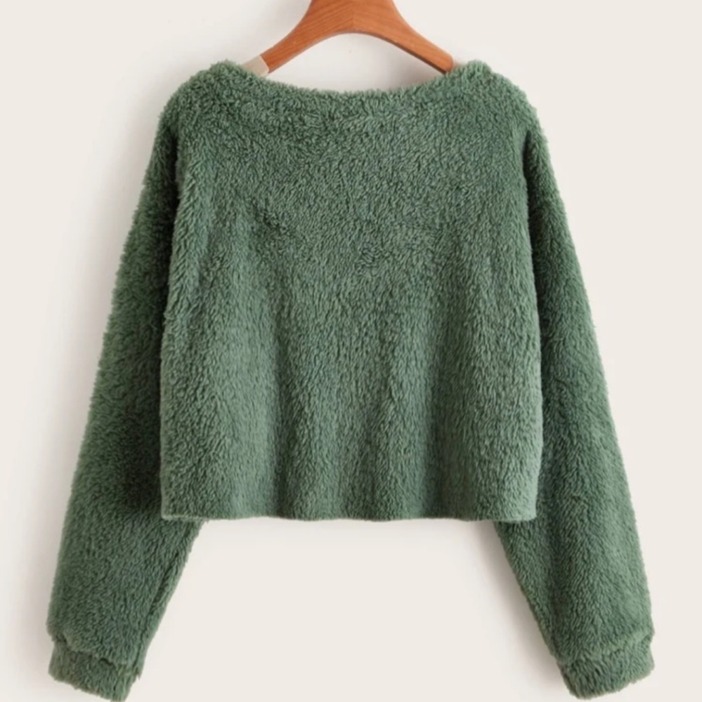 Emerald Green V Neck Teddy Sweatshirt - Picture 2 of 4